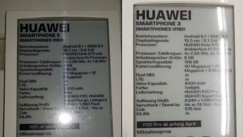 Huawei P20 and P20 Pro Specs