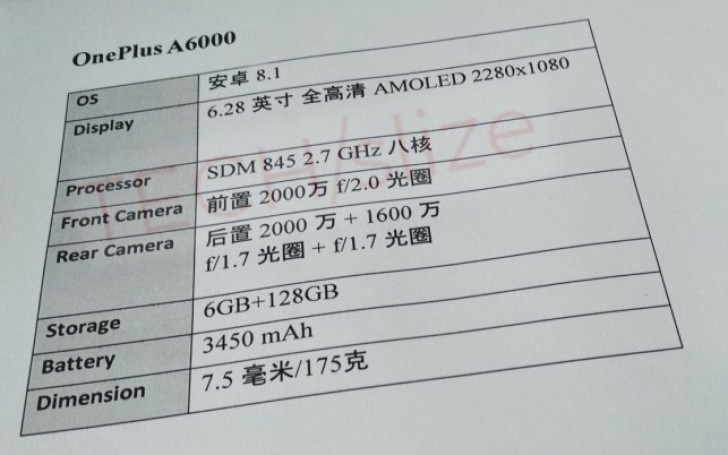 OnePlus 6 Leaked Specs sheet