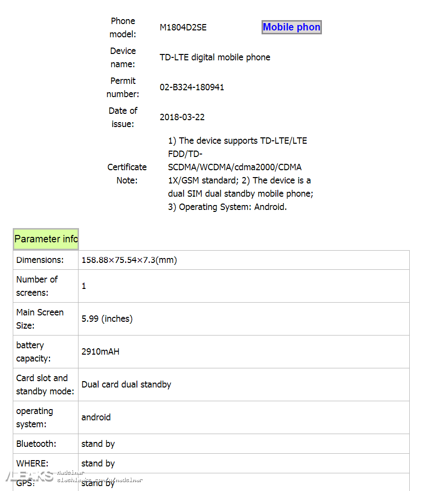 TENAA certification of Xiaomi Mi 6X