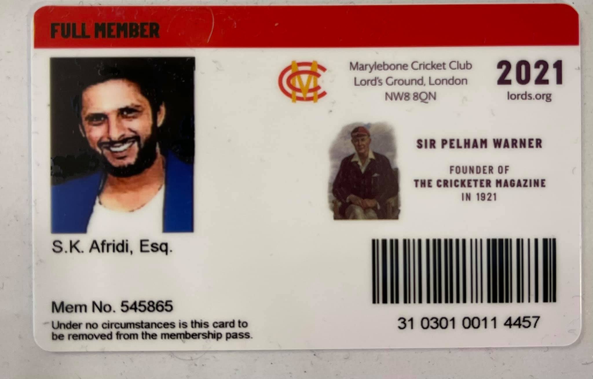 Shahid Afridi received lifetime Membership from MCC (Marylebone Cricket Club)
