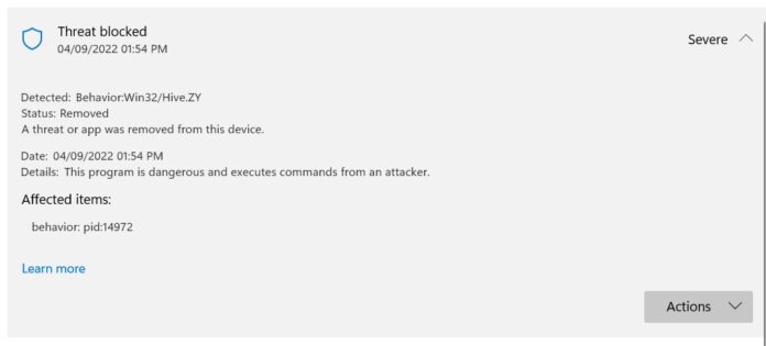Windows Defender Executing False Positive Threat "Behavior: Win32/Hive.ZY" Worldwide