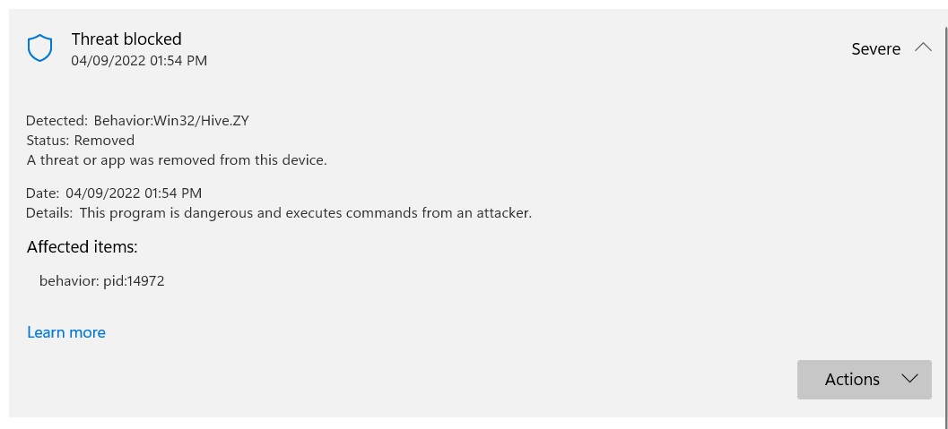 Windows Defender Executing False Positive Threat "Behavior: Win32/Hive.ZY" Worldwide