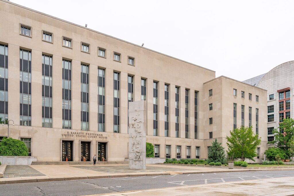 The E. Barrett Prettyman U.S. Courthouse, a pale stone building with tall windows, in Washington, D.C.