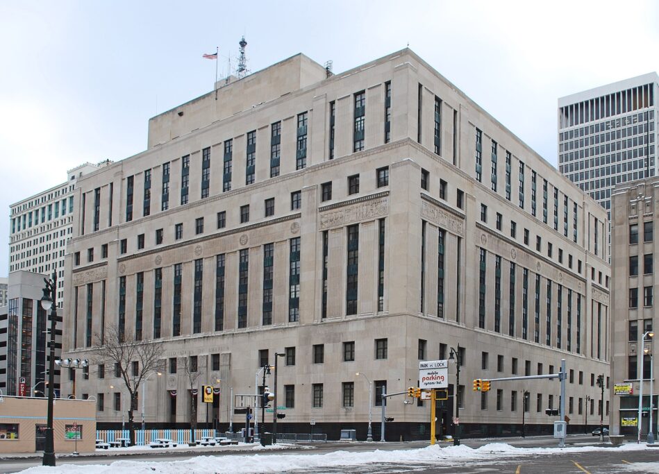 The Theodore Levin U.S. Courthouse, a pale stone federal building in downtown Detroit